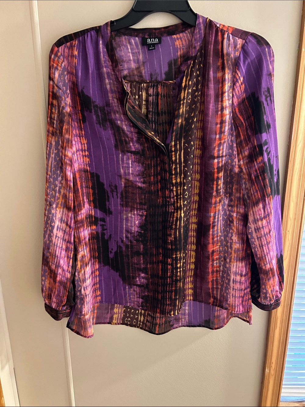 a.n.a Purple Multi-Color Printed Long Sleeve Blouse